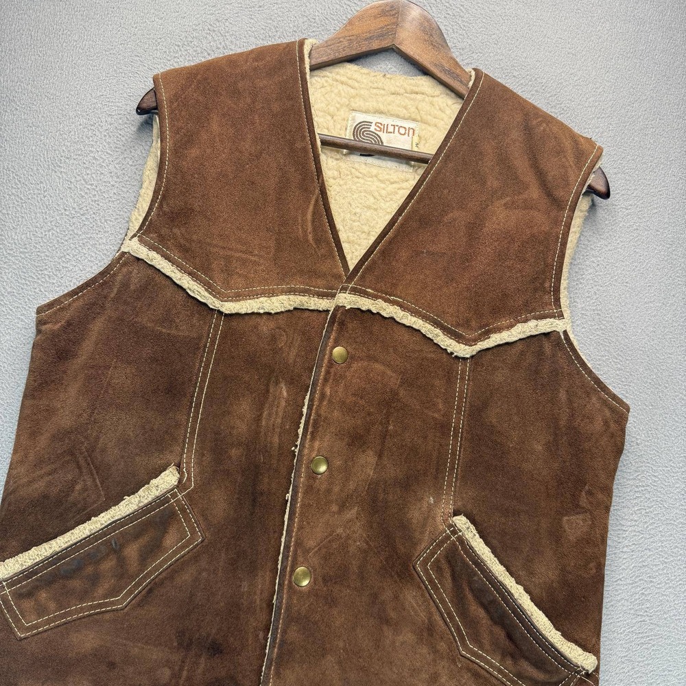 Vintage Silton Suede Leather Vest M Brown Faux Shearling Lined Western Cowboy